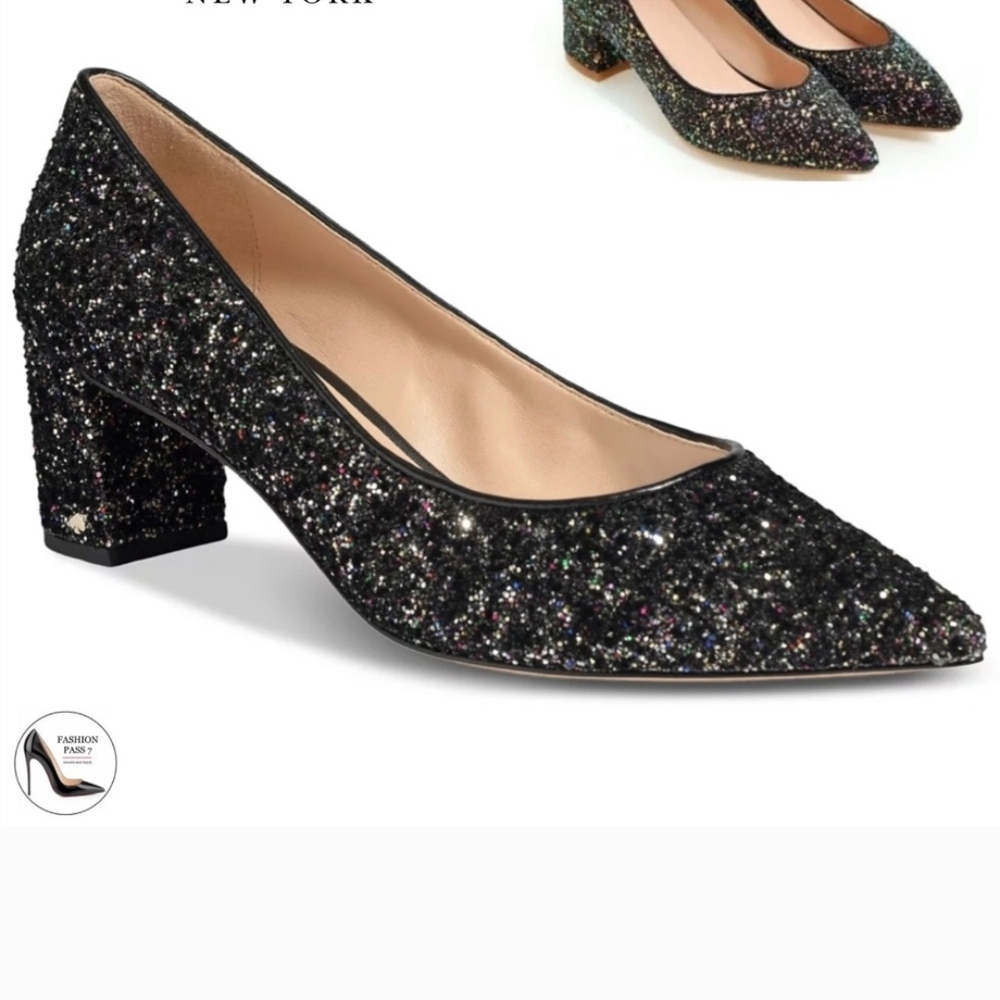 Kate Spade Menorca Shimmer Block Heel Pumps Black Glitter Pointed Toes Size 7